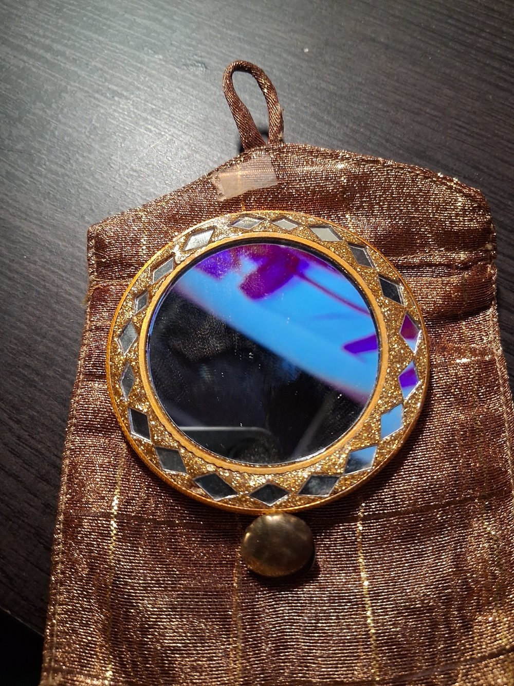 Source Unknown Gold and Black Round Decorative Brooch Mirror